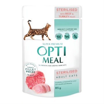 Optimeal Cat Sterilised - Hrana umeda super-premium - Vita si Curcan - 85g