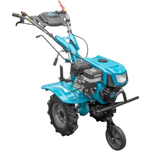 Motocultor DKD 100B NEW, motor 7 CP, benzina, 2+1 viteze, latime lucru 50-89 cm, freze, roti cauciuc 4.00x8", capota cu far LED, roti metal, plug arat, rarita reglabila, plug cartofi