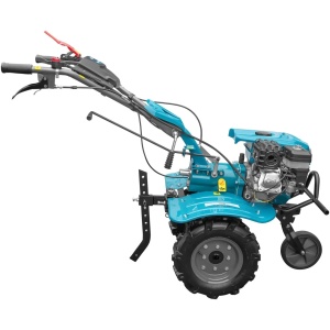 Motocultor DKD 100B NEW, motor 7 CP, benzina, 2+1 viteze, latime lucru 50-89 cm, freze, roti cauciuc 4.00x8", capota cu far LED, roti metal, plug arat, rarita reglabila, plug cartofi