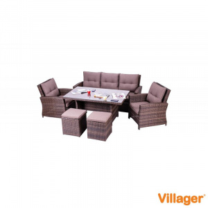 Set de mobilier pentru gradina Green Bay Elda 067203, canapea, 2 x fotolii, 2 x tabureti, masa cu blat sticla, cu perne, maro - Img 1