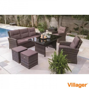Set de mobilier pentru gradina Green Bay Elda 067203, canapea, 2 x fotolii, 2 x tabureti, masa cu blat sticla, cu perne, maro - Img 2