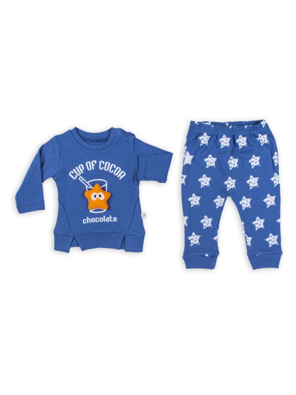 Bluza chocolate si pantalon cu stelute pentru bebelusi, bumbac, albastru, 1-6 luni