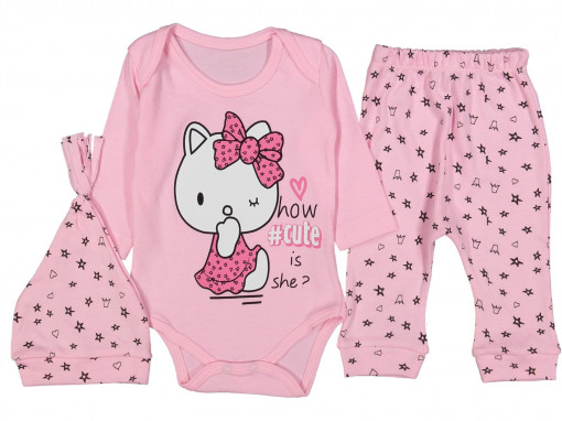 Body, pantalon si caciulita Hello Kitty, 100% BUMBAC ROZ, 6-9 luni