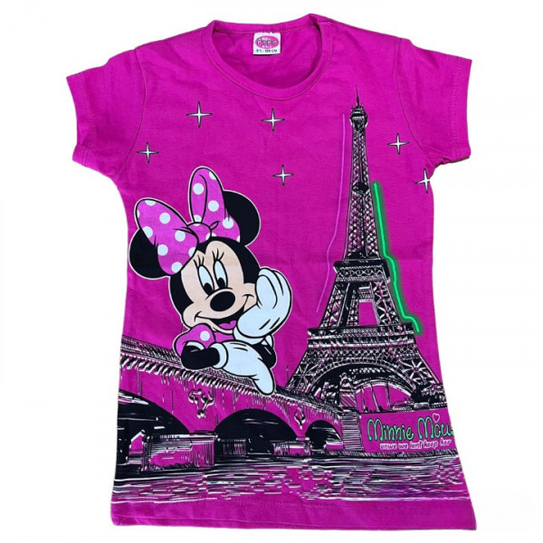 Tricou Roz Inchis, Minnie Mouse in Paris, 100% Bumbac, Pentru Fetite, 9-12 ani