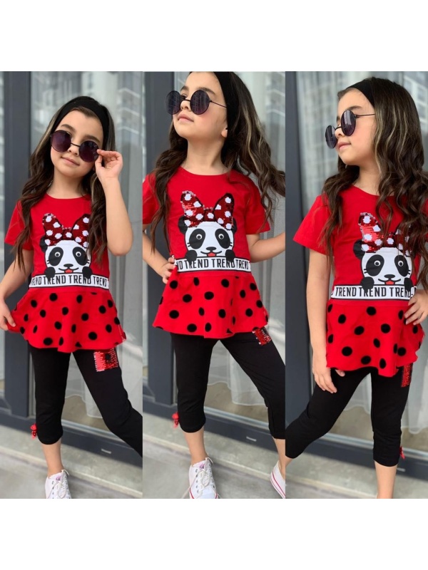 Compleu Panda pentru fetite, 100% Bumbac Rosu