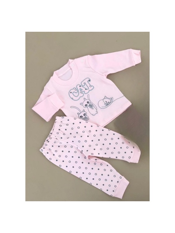 Compleu Pisicute, Roz, 2 Piese, Bluza si Pantaloni, Pentru Fetite, 0-9 luni