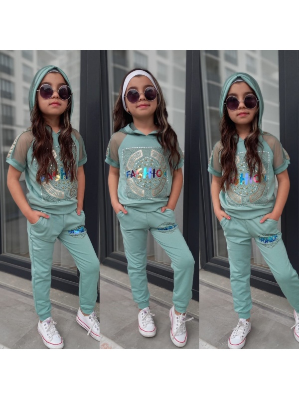 Compleu Fetite 2 piese,Fashion, Bumbac,Turcoaz, 4-12 ani