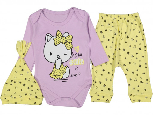 Body, pantalon si caciulita, pentru bebelusi, Hello Kitty, mov-galben, 6-9 luni