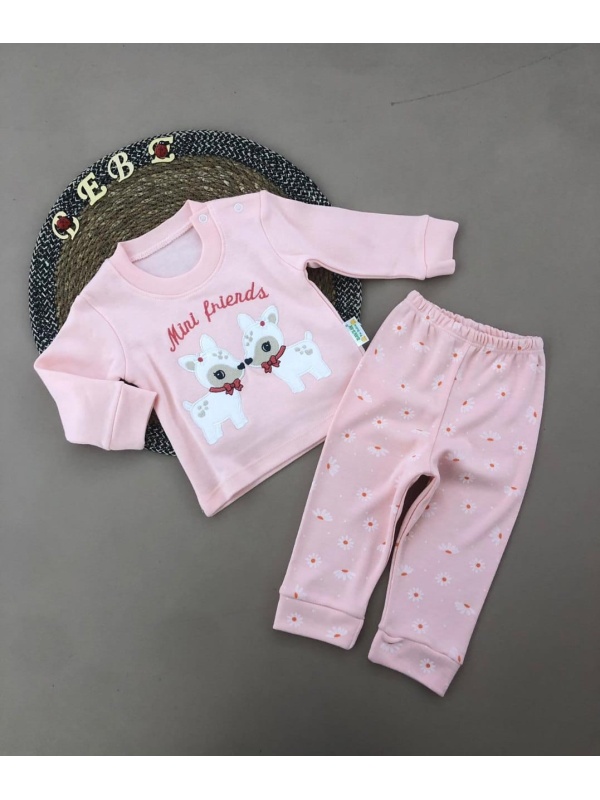 Compleu Mini Friends, Roz, 3 Piese, Bluza, Pantaloni si Bentita, Pentru Fetite, 9-18 luni
