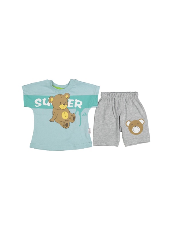 Compleu tricou si pantalon Ursulet Super, Turcoaz, 9-24 luni