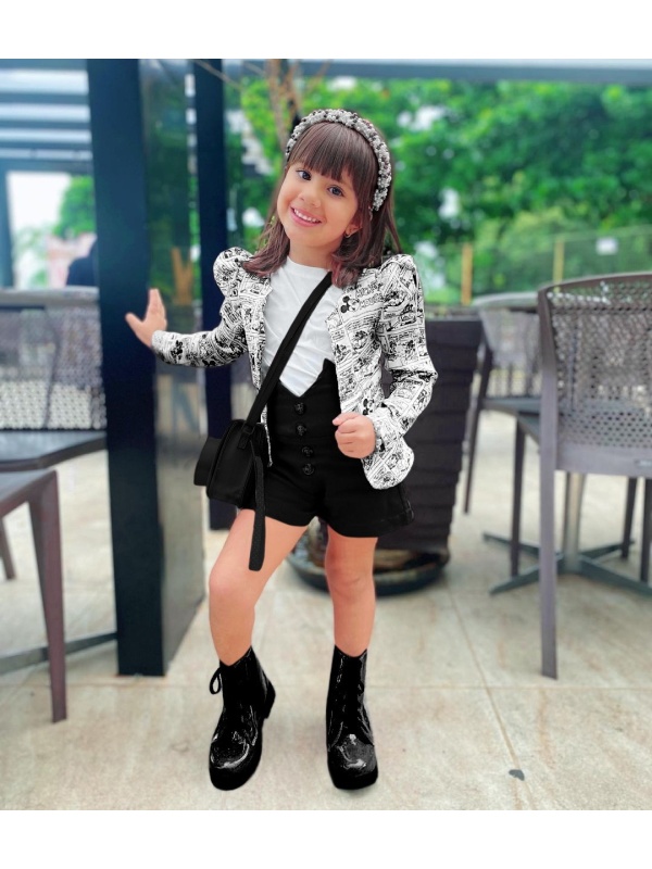 Compleu Casual, Negru, 3 Piese, Sacou, Pantaloni si Bluza, Pentru Fete, 3-10 ani