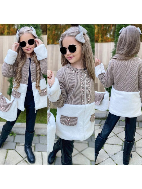 Compleu Elegant, cu Perlute, 4 Piese, Geaca Imblanita, Bluza, Pantaloni si Gentuta, Pentru Fete, 7-14 Ani