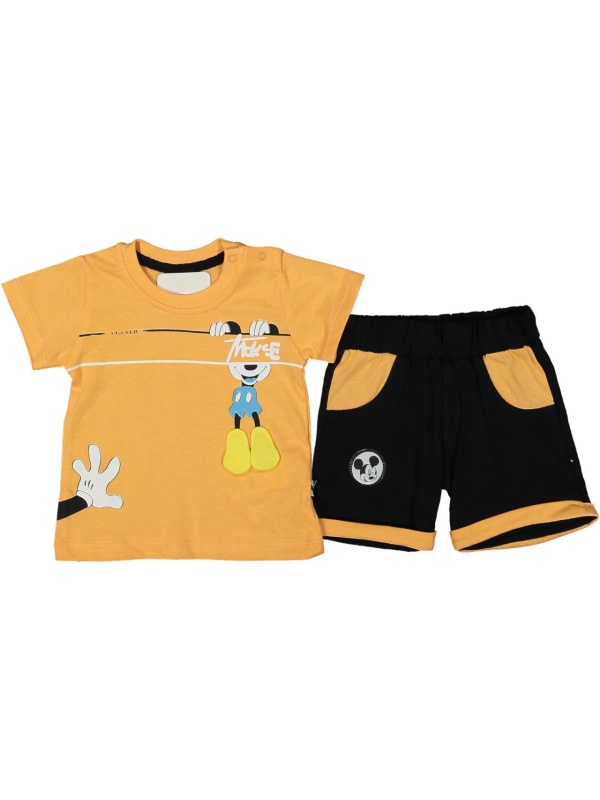 Compleu Mickey Mouse cu aplicatii pentru copii, 100% Bumbac Portocaliu, 9-24 luni
