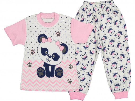 Pijama Ursulet Panda cu fundita pentru fete, roz, 1-3 ani