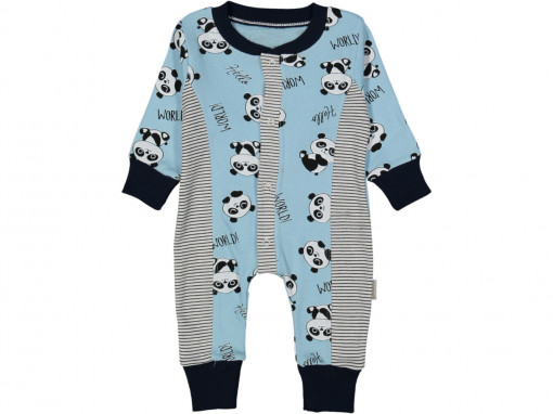 Salopeta Panda cu Linii, Pentru Bebelusi, Bumbac 100%, Albastru, 3-9 luni