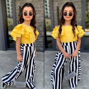 Compleu 3 piese Pantaloni, Tricou si Gentuta pentru fete, Galben