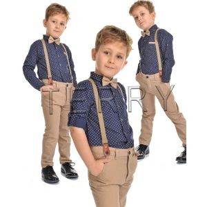 Compleu 4 Piese, Camasa, Pantaloni, Bretele si Papion, Pentru Baieti, Bleumarin, 1-8 ani