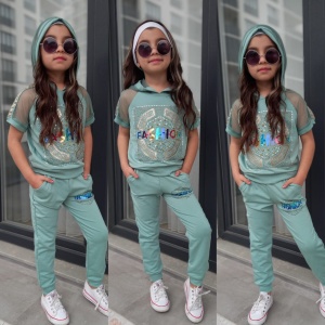 Compleu Fetite 2 piese,Fashion, Bumbac,Turcoaz, 4-12 ani