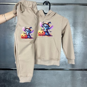Trening Crem, Stitch Halloween, 100% Bumbac, 2 Piese, Hanorac cu Gluga si Pantaloni, Pentru Copii, 4-12 Ani