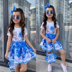 Compleu 4 Piese Frozen Fusta, Tricou, Bentita si Gentuta, Albastru