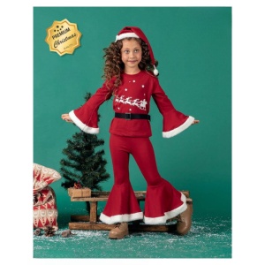 Compleu Mos Craciun si Renii Lui, Rosu, 4 Piese, Bluza, Pantaloni Evazati, Caciulita si Curea, Pentru Fetite, 2-5 Ani