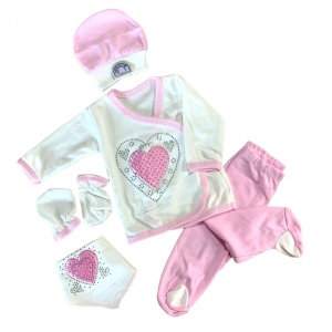 SET 5 PIESE PENTRU FETITE INIMA, 100% BUMBAC ROZ