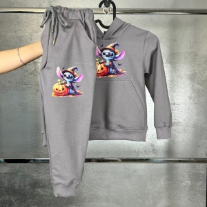 Trening Gri, Stitch Halloween, 100% Bumbac, 2 Piese, Hanorac cu Gluga si Pantaloni, Pentru Copii, 4-12 Ani
