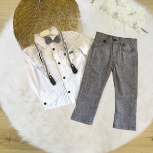 Compleu Elegant Alb, Liniute Albastre, 4 Piese, Camasa, Pantaloni Gri, Bretele si Papion, Pentru Baieti, 2-9 ani