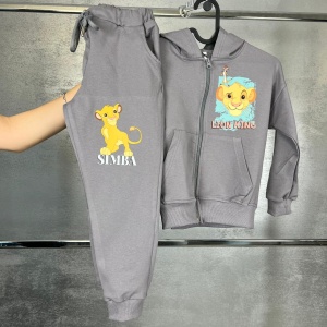 Trening Gri, Lion King, 100% Bumbac, 2 Piese, Hanorac cu Gluga si Fermoar, si Pantaloni, Pentru Copii, 4-12 Ani