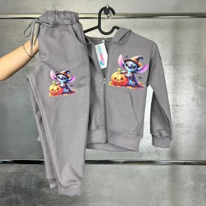 Trening Gri, Stitch Halloween, 100% Bumbac, 2 Piese, Hanorac cu Gluga si Fermoar, si Pantaloni, Pentru Copii, 4-12 Ani