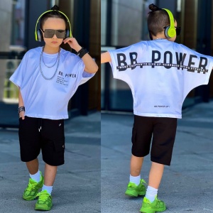 Compleu BB. Alb, 2 Piese, Tricou si Pantaloni Scurti, Pentru Baieti, 4-12 Ani