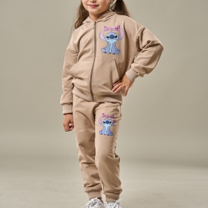 Trening Crem, Stitch, 100% Bumbac, 2 Piese, Hanorac cu Gluga si Fermoar, si Pantaloni, Pentru Copii, 4-12 Ani