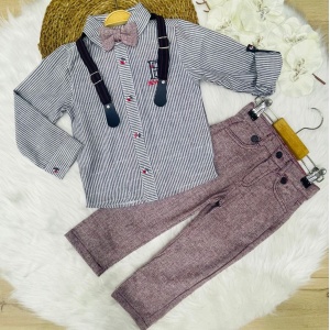 Compleu Alb, Bemondi, 4 Piese, Camasa, Pantaloni Rosi, Bretele si Papion, Pentru Baieti, 2-9 ani