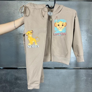 Trening Crem, Lion King, 100% Bumbac, 2 Piese, Hanorac cu Gluga si Fermoar, si Pantaloni, Pentru Copii, 4-12 Ani