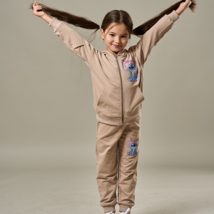 Trening Crem, Stitch, 100% Bumbac, 2 Piese, Hanorac cu Gluga si Fermoar, si Pantaloni, Pentru Copii, 4-12 Ani - Img 3