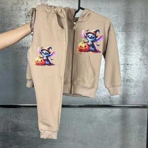 Trening Crem, Stitch Halloween, 100% Bumbac, 2 Piese, Hanorac cu Gluga si Fermoar, si Pantaloni, Pentru Copii, 4-12 Ani