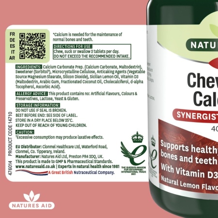 Calciu Masticabil cu Vitamina D3 Formula Sinergistică Natures Aid, 60 Comprimate - Img 3