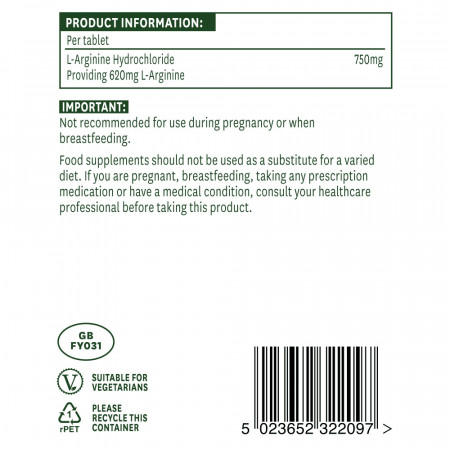 NaturesAid L-Arginina HCl 750mg 90 tablete ingrediente