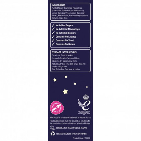Mini Drops Bed Time picaturi pentru somn linistit pentru copii 50ml, Natures Aid ingrediente