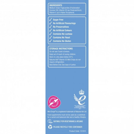 Mini Drops Vitamina D3 picaturi pentu bebeluși 50ml, Natures Aid continuit