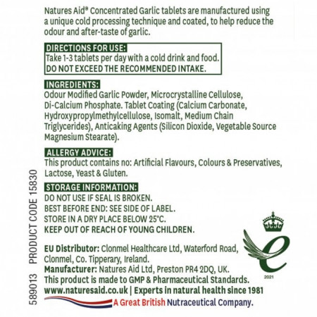 NaturesAid Usturoi Concentrat 2000µg 90 tablete ingrediente