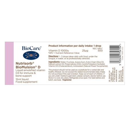 Nutrisorb BioMulsion® D BioCare – vitamina D3 lichid cu absorbție superioară pentru imunitate și oase 15ml - Img 3