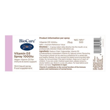 Vitamina D3 spray oral 1000iu 15ml BioCare - Img 3