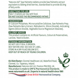 NaturesAid Saw Palmetto (Fructe de Palmier Pitic) 500mg 90 tablete doza