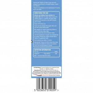 Mini Drops Vitamina D3 picaturi pentu bebeluși 50ml, Natures Aid ingrediente
