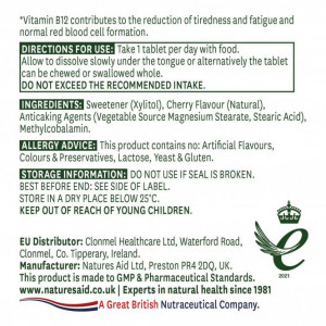 Vitamina B12 Metilcobalamina 1000ug, 90cpr, Natures Aid ingrediente