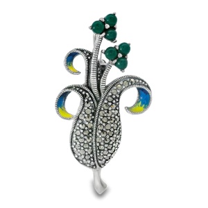 Brosa-Pandantiv Argint Marcasite Blume Green