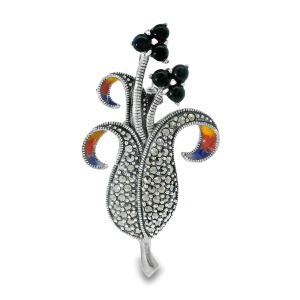 Brosa-Pandantiv Argint Marcasite Blume Black