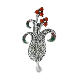 Brosa-Pandantiv Argint Marcasite Blume Red