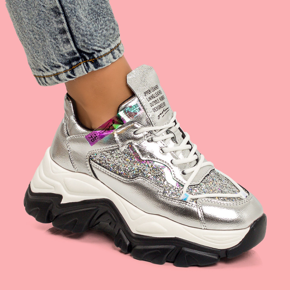 Ward neutral Controversy Sneakers dama argintii cu glitter si talpa groasa MDL05933 Modlet